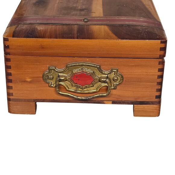 Antique Wood Cedar Jewelry Trinket Chest Box Dove Tail Brass Straps Mirror - Picture 6 of 16